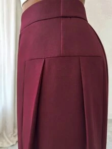 SHEIN Elenzya High Waist Center Pleated Wide Leg Suit Pants, Draped Textured Loose Fit Slimming Long Commuter Trousers - Red Violet - View 3