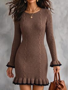 Omancia Women's Cable Knit Round Neck Ruffle Hem Elegant Knit Dress - Multicolor - View 3