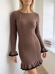 Omancia Women's Cable Knit Round Neck Ruffle Hem Elegant Knit Dress - Multicolor - View 5