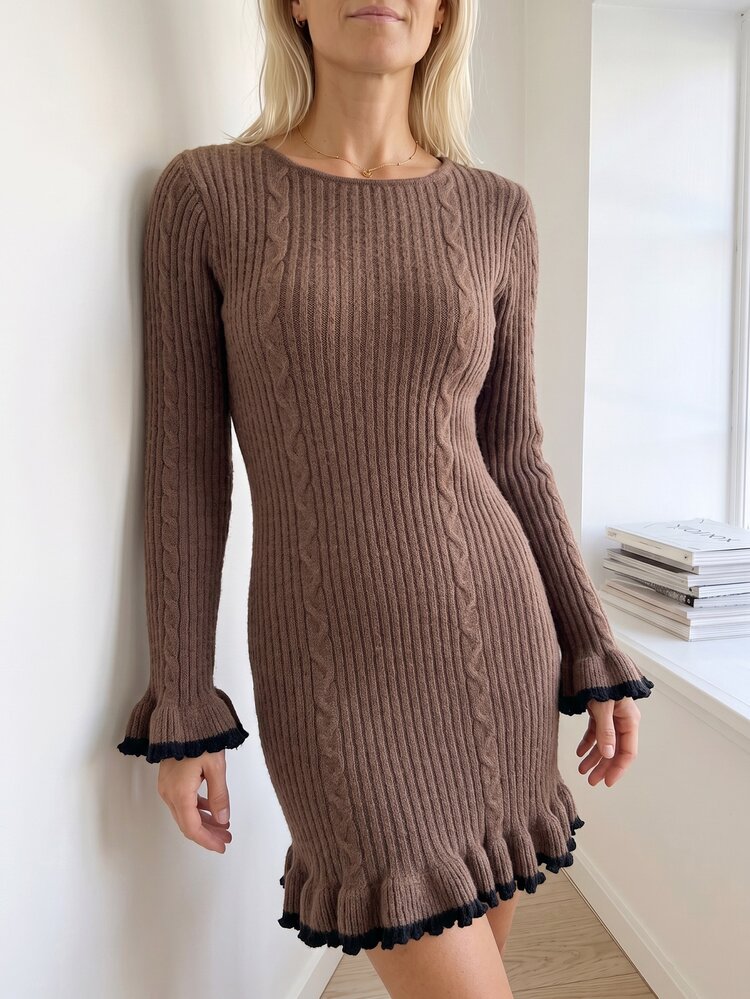 Omancia Women's Cable Knit Round Neck Ruffle Hem Elegant Knit Dress - Multicolor - View 5