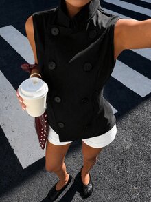 Muchica Women's Solid Color Double-Breasted Casual Sleeveless Trench Coat - Black - View 7