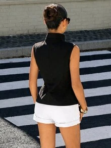 Muchica Women's Solid Color Double-Breasted Casual Sleeveless Trench Coat - Black - View 2