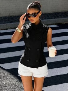 Muchica Women's Solid Color Double-Breasted Casual Sleeveless Trench Coat - Black - View 1