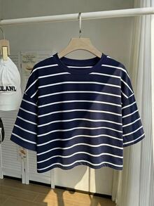 Comfortcana Plus Size Casual Striped Short Sleeve T-Shirt, Loose Fit, Spring/Summer - Black and White - View 2