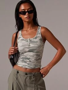 Athîral Women's Slim Fit Grey Camo Tank Top,Button Front,Scoop Neck,Sleeveless,Soft Stretch Knit,Y2K Streetwear,Summer,Casual,Date,Going Out,Camisole - Army Green - View 7