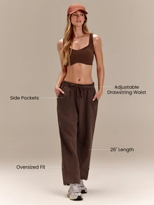 GLOWMODE Heavyweight Fleece Petite 26" Slow Days Oversized Joggers With Adjustable Drawstring Waist & Side Pockets Daily Casual Winter - Brown - View 2