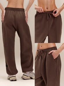 GLOWMODE Heavyweight Fleece Petite 26" Slow Days Oversized Joggers With Adjustable Drawstring Waist & Side Pockets Daily Casual Winter - Brown - View 8