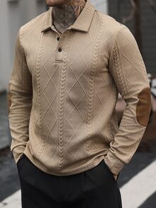 Manfinity CasualCool 男士素色休閒通勤長袖 Polo 衫 - 卡其色 - 查看 2
