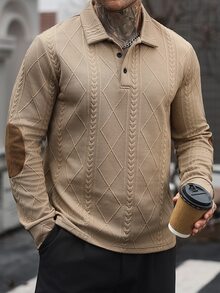 Manfinity CasualCool 男士素色休閒通勤長袖 Polo 衫 - 卡其色 - 查看 3