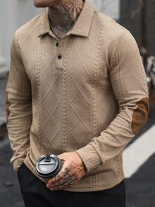 Manfinity CasualCool 男士素色休閒通勤長袖 Polo 衫 - 卡其色 - 查看 4