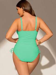 Swim Vcay Plus Size Women's One-Piece Swimsuit, Featuring V-Neck, Adjustable Straps, Removable Pads, Ruffle Hem, Drawstring Waist, Fashionable, Sexy, Casual Resort Style Beachwear For Summer Beach Vacation - Green - View 2