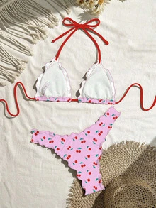 SHEIN Swim 女款性感純色高彈性荷葉邊設計比基尼套裝，適合度假 - 粉色 - 查看 2