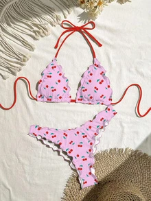 SHEIN Swim 女款性感純色高彈性荷葉邊設計比基尼套裝，適合度假 - 粉色 - 查看 1