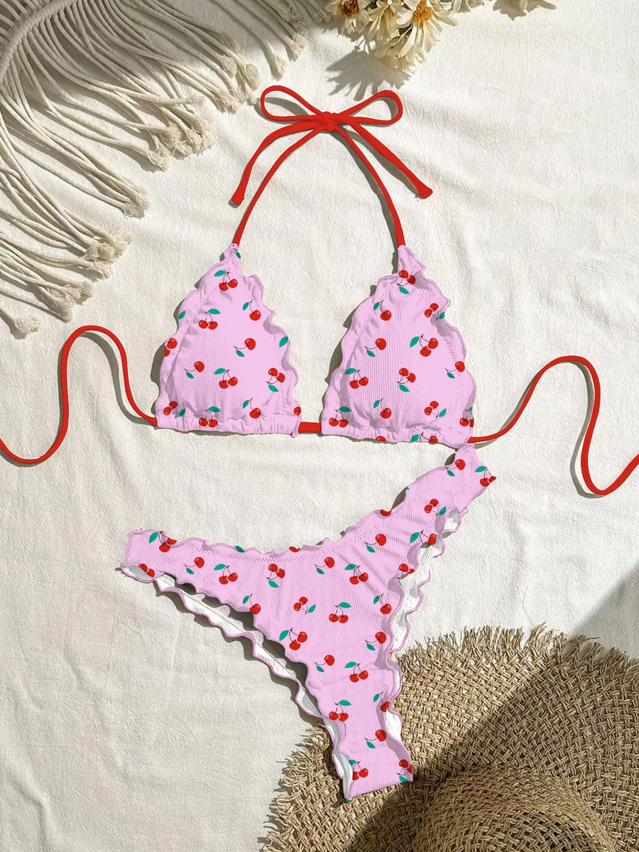 SHEIN Swim 女款性感純色高彈性荷葉邊設計比基尼套裝，適合度假 - 粉色 - 查看 1