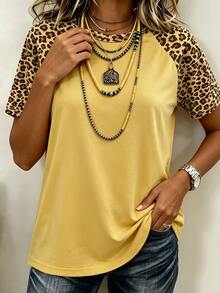 SHEIN Franclia Women's Casual Leopard Print Patchwork Short Sleeve Loose T-Shirt, Suitable For Summer Holiday And Daily Commute - Multicolor - View 3