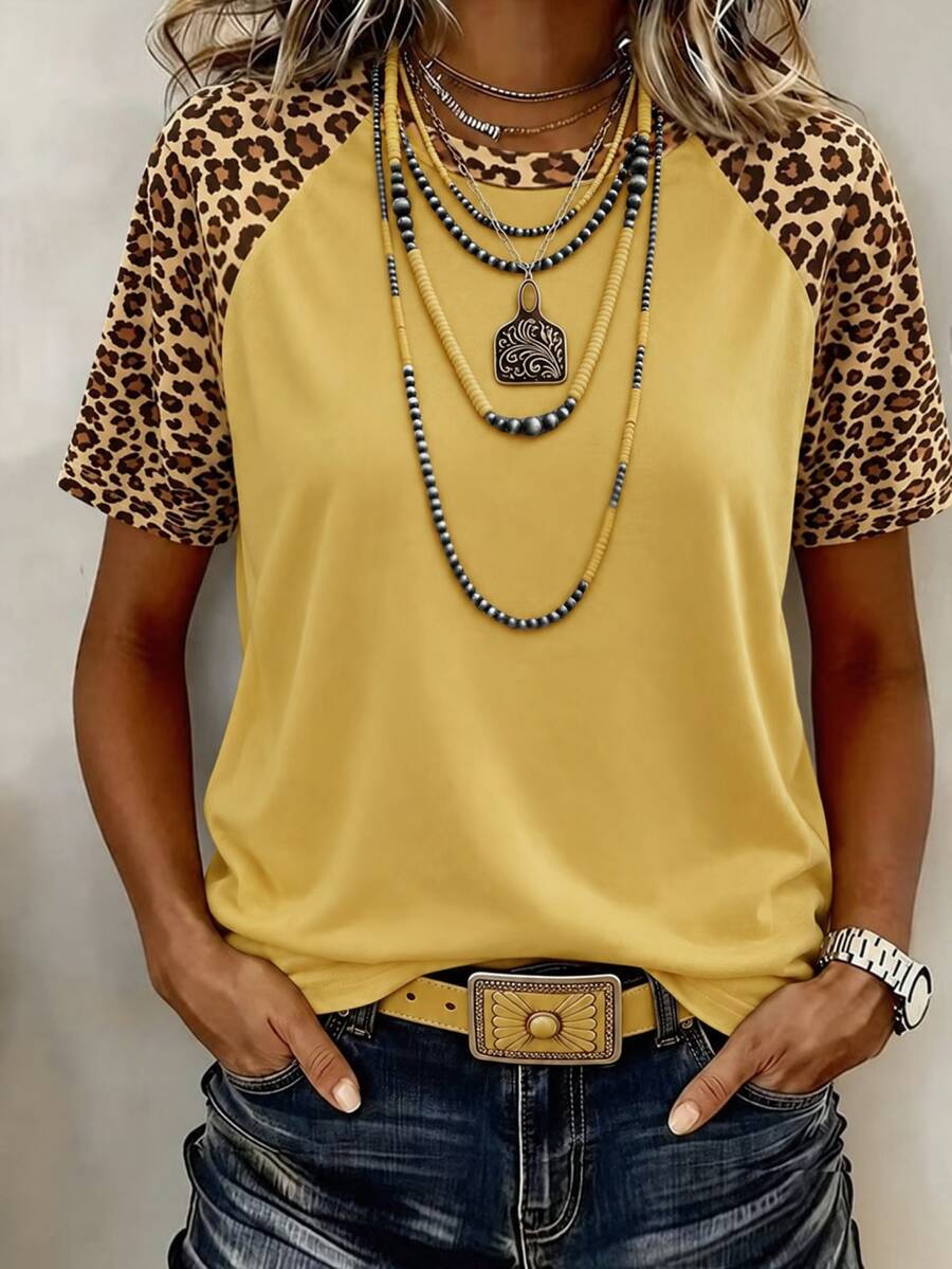 SHEIN Franclia Women's Casual Leopard Print Patchwork Short Sleeve Loose T-Shirt, Suitable For Summer Holiday And Daily Commute - Multicolor - View 1