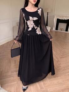 Modelyn Set Atasan Mesh Bordir Bunga Tali Leher Kotak Hitam dan Rok Full untuk Pernikahan Makan Malam Formal Hitam Putih Elegan Musim Gugur - Hitam - View 5