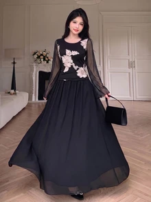 Modelyn Set Atasan Mesh Bordir Bunga Tali Leher Kotak Hitam dan Rok Full untuk Pernikahan Makan Malam Formal Hitam Putih Elegan Musim Gugur - Hitam - View 7