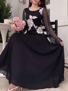 Modelyn Set Atasan Mesh Bordir Bunga Tali Leher Kotak Hitam dan Rok Full untuk Pernikahan Makan Malam Formal Hitam Putih Elegan Musim Gugur - Hitam - View 8