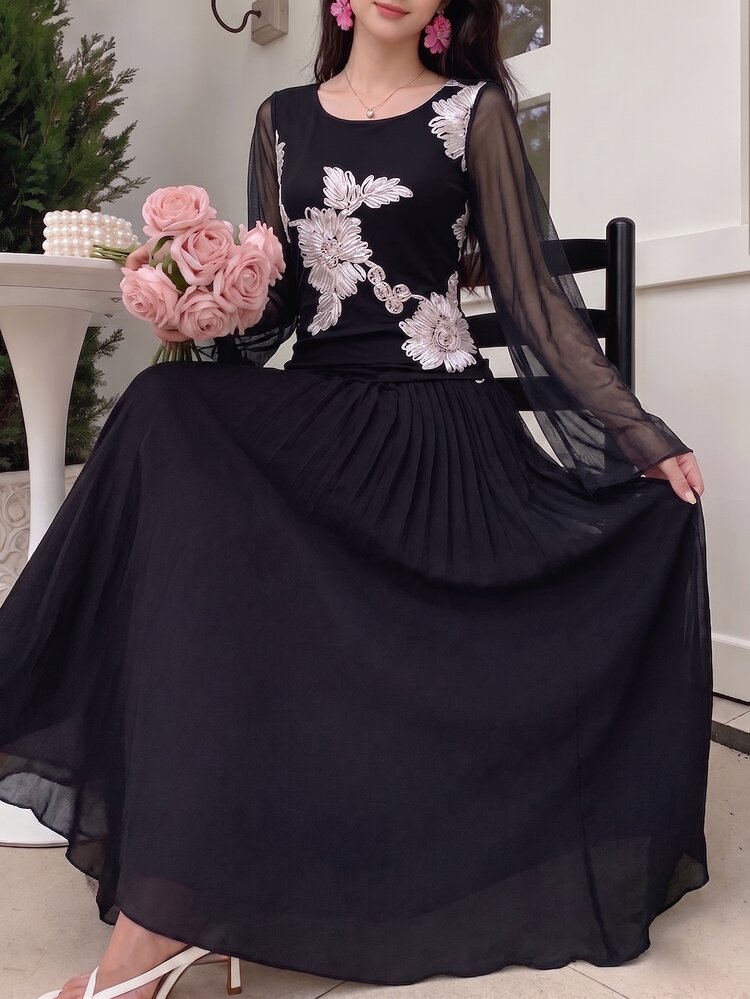Modelyn 黑色方領繩繡花網紗上衣和長裙套裝，適合婚禮晚宴、正式場合，黑白配色，秋季優雅風格。 - 黑色 - 查看 8