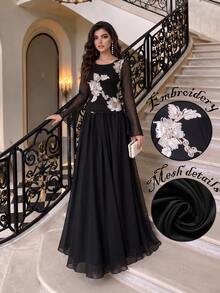 Modelyn Set Atasan Mesh Bordir Bunga Tali Leher Kotak Hitam dan Rok Full untuk Pernikahan Makan Malam Formal Hitam Putih Elegan Musim Gugur - Hitam - View 4