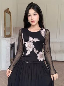 Modelyn Set Atasan Mesh Bordir Bunga Tali Leher Kotak Hitam dan Rok Full untuk Pernikahan Makan Malam Formal Hitam Putih Elegan Musim Gugur - Hitam - View 6