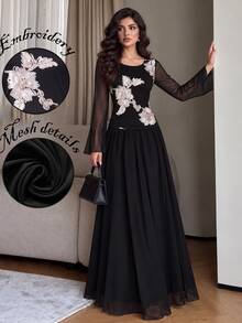 Modelyn Set Atasan Mesh Bordir Bunga Tali Leher Kotak Hitam dan Rok Full untuk Pernikahan Makan Malam Formal Hitam Putih Elegan Musim Gugur - Hitam - View 1