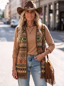 LanaWest Women's All-Over Print Casual Daily Knit Vest - Coffee Brown - View 1