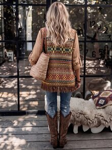 LanaWest Women's All-Over Print Casual Daily Knit Vest - Coffee Brown - View 2