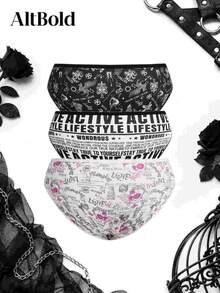 Snug Zone 3pcs Plus Size Gothic Print Triangle Panties - Black and White - View 2