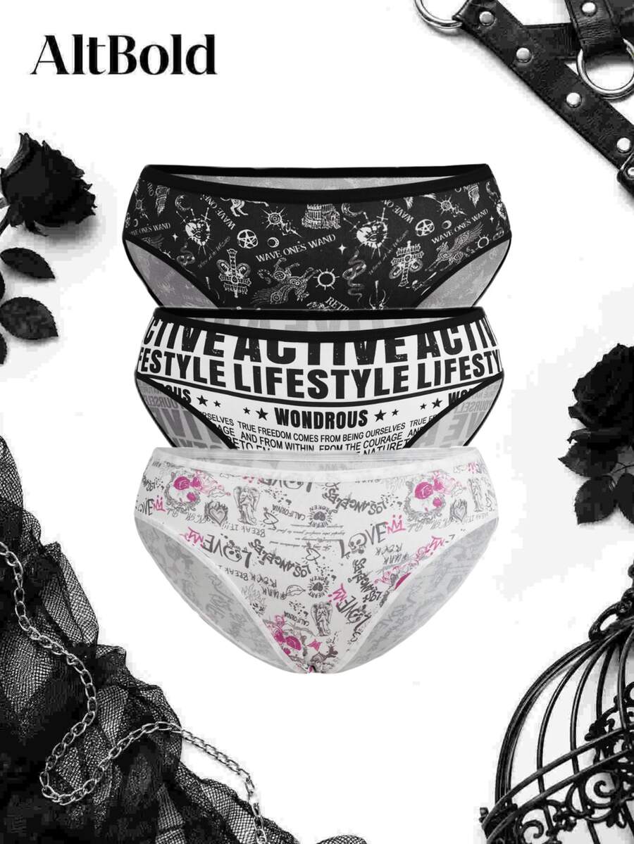 Snug Zone 3pcs Plus Size Gothic Print Triangle Panties - Black and White - View 1