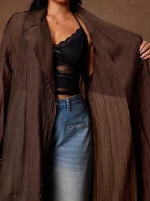 Rustia Plus Waterfall Collar Open Front Trench Coat - Coffee Brown - View 6