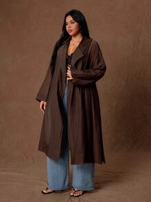 Rustia Plus Waterfall Collar Open Front Trench Coat - Coffee Brown - View 5