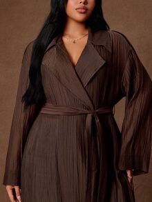 Rustia Plus Waterfall Collar Open Front Trench Coat - Coffee Brown - View 8