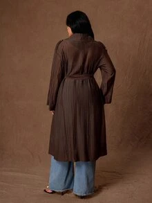 Rustia Plus Waterfall Collar Open Front Trench Coat - Coffee Brown - View 3