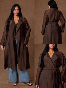 Rustia Plus Waterfall Collar Open Front Trench Coat - Coffee Brown - View 2