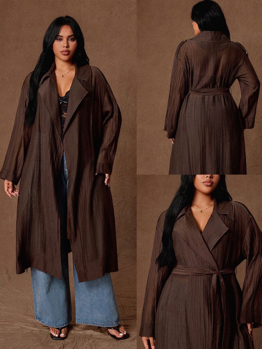 Rustia Plus Waterfall Collar Open Front Trench Coat