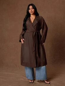Rustia Plus Waterfall Collar Open Front Trench Coat - Coffee Brown - View 7