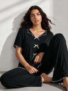 Ocili Plus Size Women Spring Color Block Top & Pants Pajama Set With Bowknot Decoration And Lettuce Trim, Outfits - Black - View 1