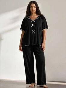 Ocili Plus Size Women Spring Color Block Top & Pants Pajama Set With Bowknot Decoration And Lettuce Trim, Outfits - Black - View 5