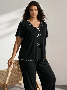 Ocili Plus Size Women Spring Color Block Top & Pants Pajama Set With Bowknot Decoration And Lettuce Trim, Outfits - Black - View 2