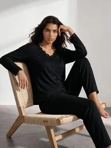 Ocili Plus Size Pajama Sets Kontras Lace Scallop Tombol Depan Plain Santai-Wanita - Hitam - View 4