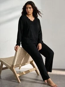 Ocili Plus Size Pajama Sets Kontras Lace Scallop Tombol Depan Plain Santai-Wanita - Hitam - View 2