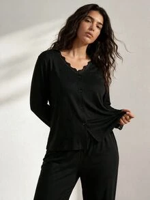 Ocili Plus Size Pajama Sets Kontras Lace Scallop Tombol Depan Plain Santai-Wanita - Hitam - View 5