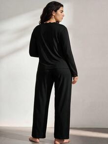 Ocili Plus Size Pajama Sets Kontras Lace Scallop Tombol Depan Plain Santai-Wanita - Hitam - View 3