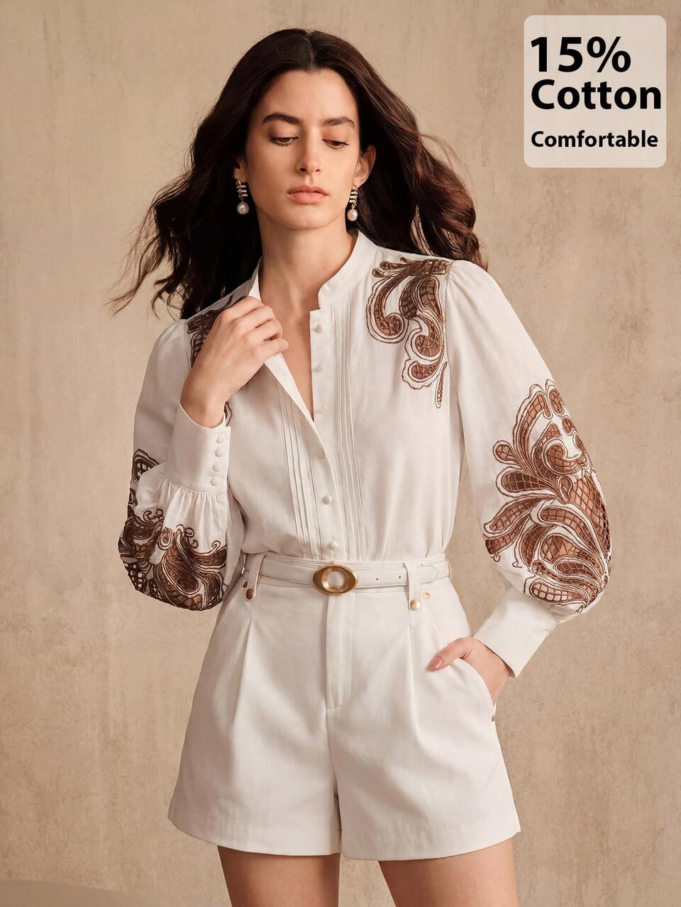 Anewsta Women's Plus Size Cotton Embroidered Blouse Elegant Long Sleeve Band Collar Top