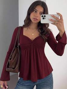 SHEIN Teen Girl Teen Girls Front Knot Elegant Snug Fit Versatile Comfortable Long Sleeve 2pcs T-Shirt Set - Multicolor - View 3
