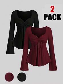 SHEIN Teen Girl Teen Girls Front Knot Elegant Snug Fit Versatile Comfortable Long Sleeve 2pcs T-Shirt Set - Multicolor - View 4