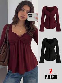 SHEIN Teen Girl Teen Girls Front Knot Elegant Snug Fit Versatile Comfortable Long Sleeve 2pcs T-Shirt Set - Multicolor - View 2