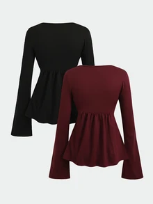 SHEIN Teen Girl Teen Girls Front Knot Elegant Snug Fit Versatile Comfortable Long Sleeve 2pcs T-Shirt Set - Multicolor - View 5